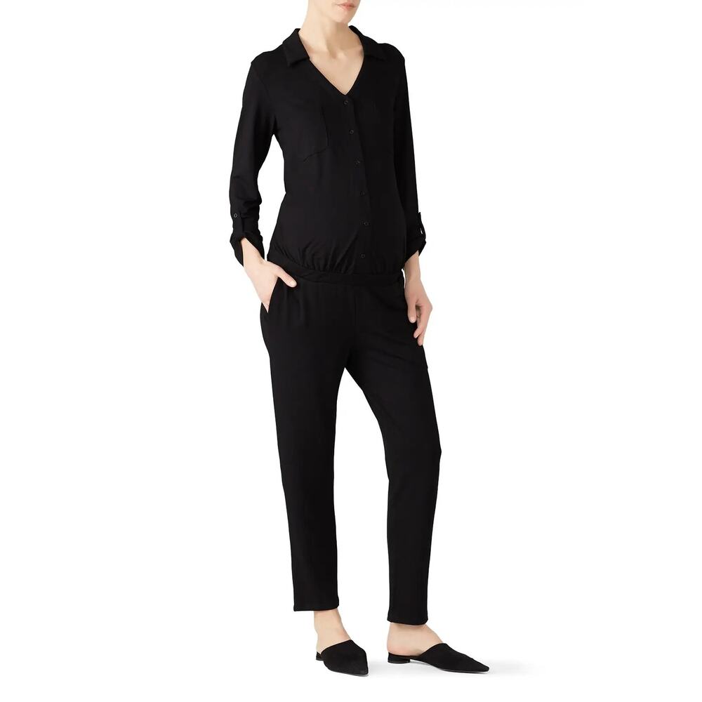 Isabella Oliver Ashlyn Black Button Front Long Sleeve Maternity Jumpsuit